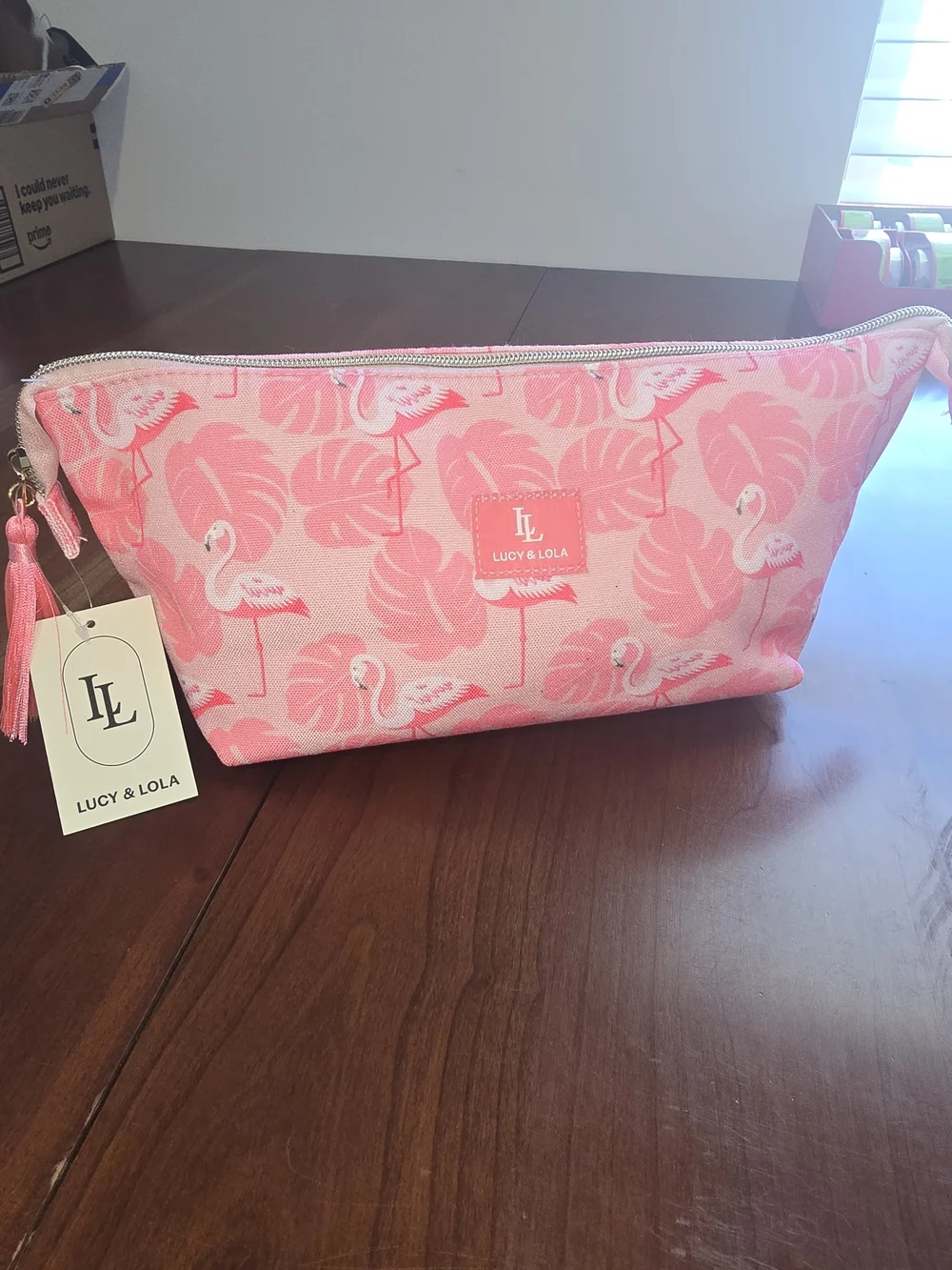 Lucy & Lola Pink Flamingo Print Canvas Cosmetic Pouch, New with Tags